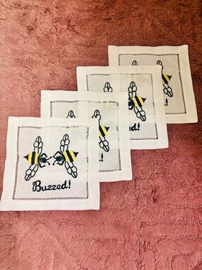 Embroidered Bee 'Buzzed!' White Drink Coasters - 4 pack